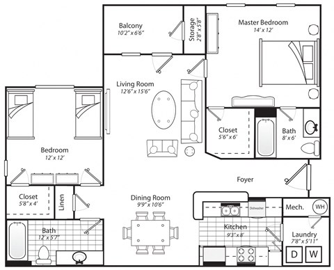 Floor plan for 2 beds, 2 baths, 1175 sqft